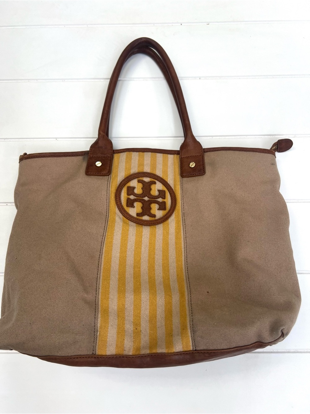 Tory Burch Ella Tote Canvas Bag Yellow Stripe and Brown Leather Trim Logo
